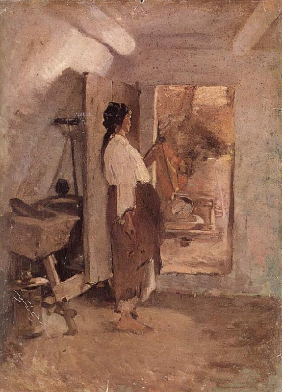 Nicolae Grigorescu Old Woman Sewing oil painting image